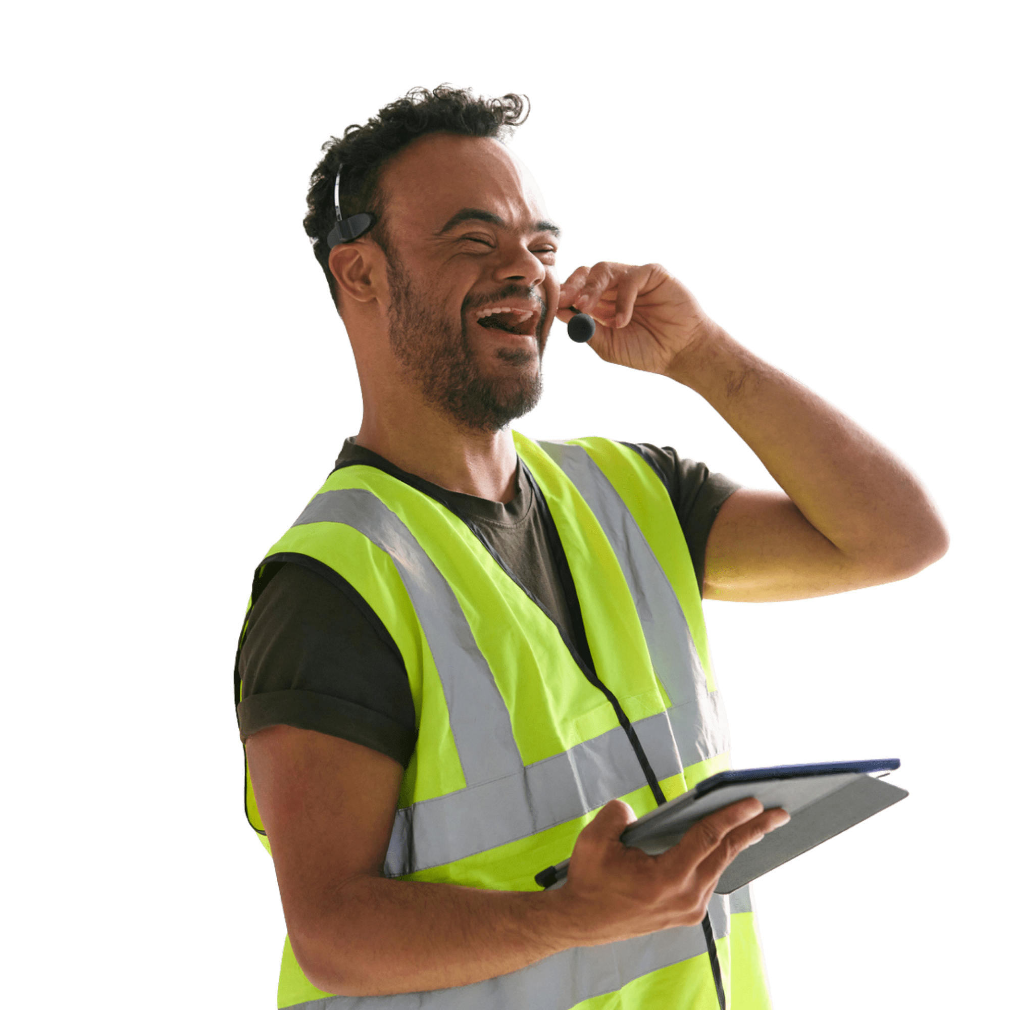 person with down syndrome wearing reflective vest and headphones, using a handheld device on his duty