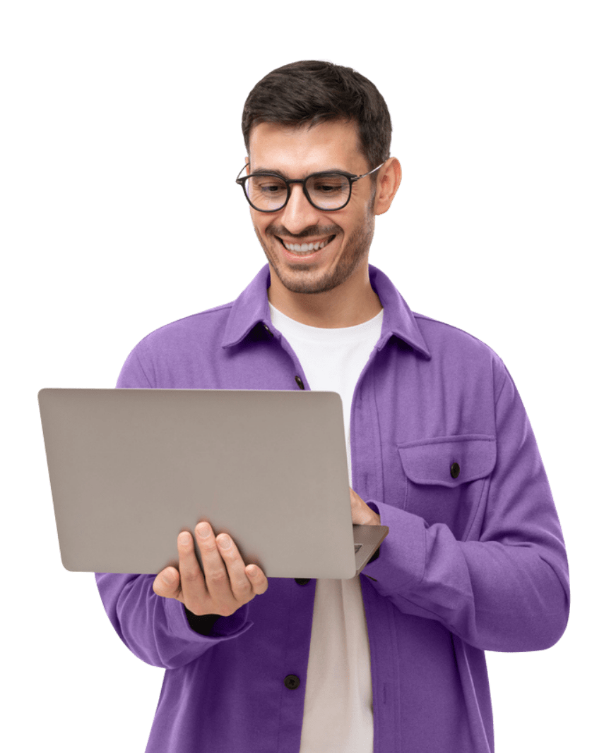 person using a laptop while standing